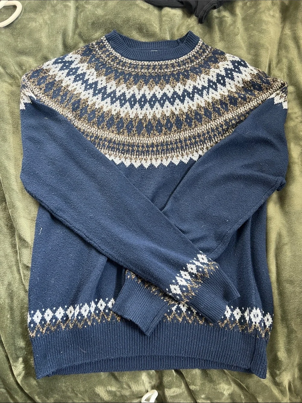 Men's Navy Fair Isle Crewneck Sweater with Cream & Brown Accents